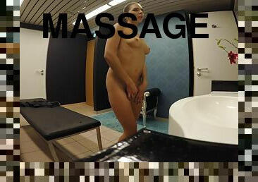 Sweaty teen waits for her massage guy and jerks off