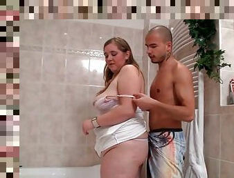 Fat girl gets banged by skinny guy in bathroom