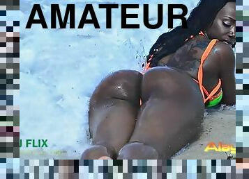 amateur, ébène, black, plage, bout-a-bout