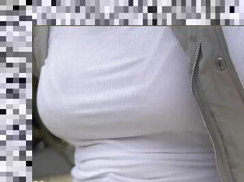 Wifey goes for a public dare bike ride braless with her amazing tits in a tight white shirt