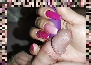 Long Nails Goddess use precum to torment his little cock with the vibrator *Long Nails Inseration*