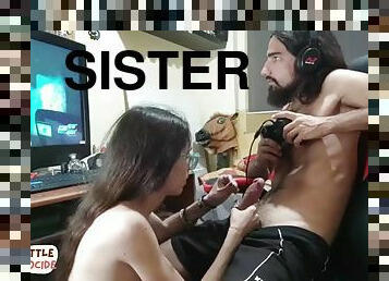 Step sister gives blowjob to her gamer step brother while playing video game