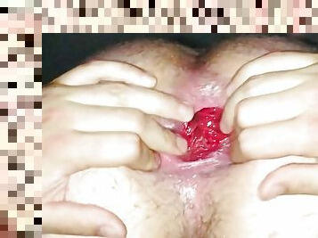 Huge red butt plug fully inside my gaping hole