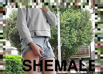 Shemale Tingxuan masturbating in park, hot pants and beautiful legs