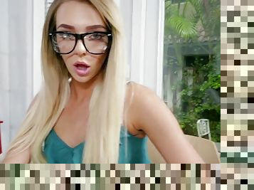 Cute blondie with glasses and brunette take a hard cock