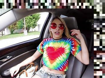 Blonde hippie girl gets wild in the car