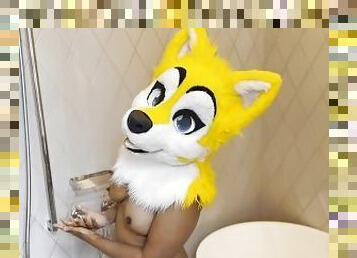 Cute female furry takes her morning shower