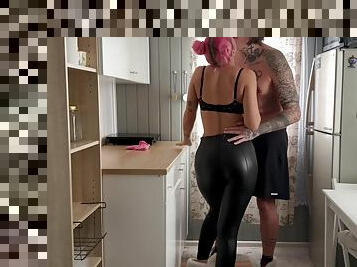 Made A Bitch In Leather Leggings Suck A Dick In The Kitchen And Cum On Her Face