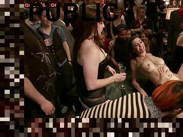 Public BDSM ladies licked and fucked in voyeur orgy