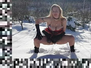 Little Red Riding Hood hopping out to pee in the snow when filming porn in the Finnish forest