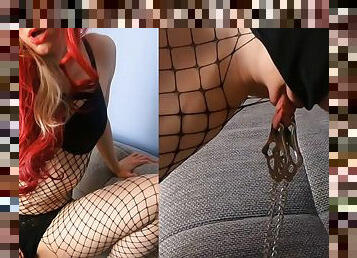 Painful pussy torture for redhead slave girl with clover clamps, whipping, spanking