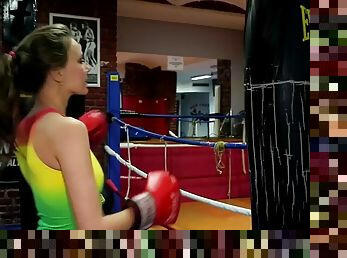 Beautiful russian teen clover plays with herself after boxing workout