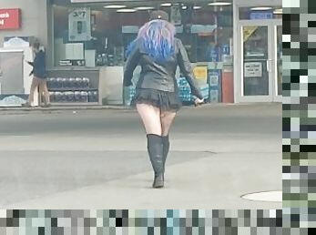MILF in short mini skirt and fishnets walking in public