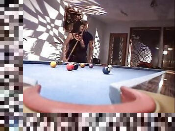 Busty asian has interracial sex with a black stud over a pool table