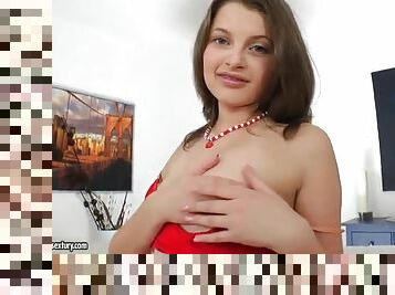 Slutty brunette teen in erotic solo striptease video