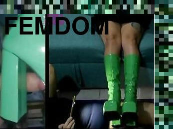 Mistress broke his cock with new heavy platform green boots, in leather skirt & leather jacket