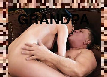 Grandpa pussynailing tiny slut with glasses in cowgirl