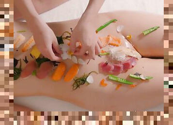 Sashimi On Pussy!? Enjoy Sushi On A Busty Babes Oiled Up Body