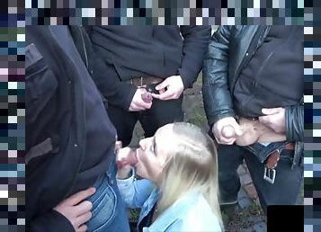Hot blonde cums in public in tight leather pants, big ass