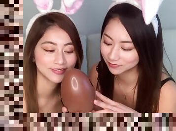 Japanese Twins Licking Chocolate Egg ASMR