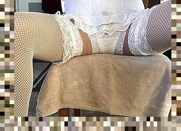 Crossdresser solo masturbation in pretty white lingerie