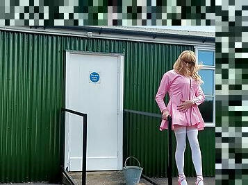 Pink PVC Tranny Wanking and Cumming Outdoors