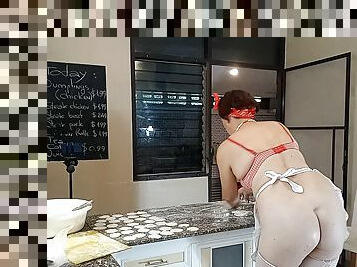 Nudist housekeeper Regina Noir cooking at the kitchen. Naked maid makes dumplings. Naked cooks. bra 3