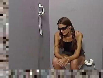 Chick in public toilet sucks guys dick