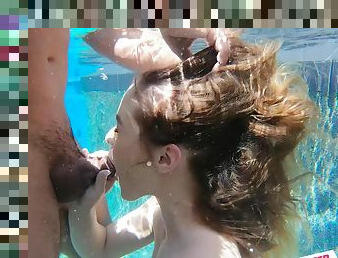 Underwater blowjob then crazy cock swapping for the lovely teens