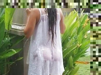 NO PANTIES fetish# PUBLIC without panties n transparent wet dress # Public flashing among bungalows