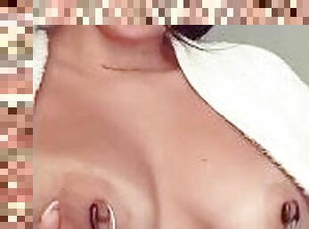 College girl with nipple shields masturbates for her teacher.