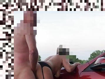 Huge Dildo and fucking over car bonnet in Church yard