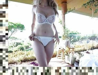 tetas-grandes, amateur, rubia, lencería, tetas, a-solas