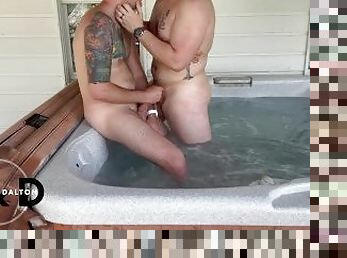 Cumslut gets bred bareback, outdoors in hot tub