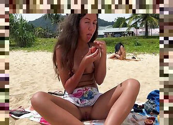 Katty West In Girl Eating Fruit Without Panties On A Public Beach - Public Pussy Flashing 8 Min