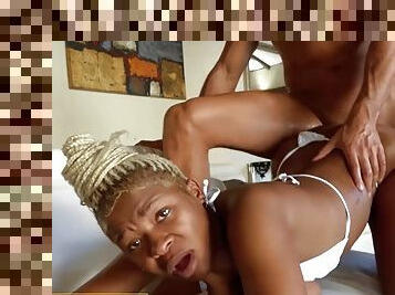 Thick busty ebony african suck and fuck big white cock in home casting