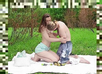 Outdoor romance after a sensual foreplay in the grass