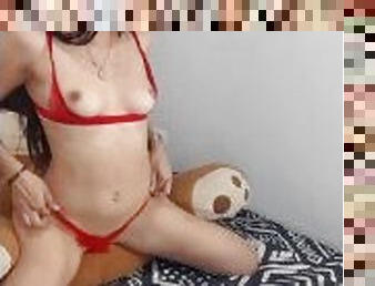 Hot Latina likes to play with horny teddy bear