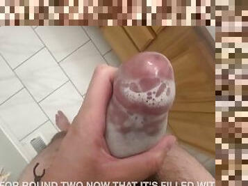 big thick hairy cock cumming twice into new Tenga Pocket sleeve toy