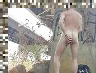 Fucking my ass with a big dildo under a busy overpass