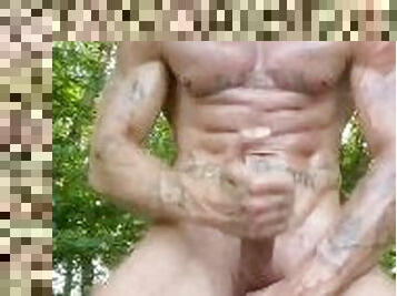 Hot guy with big cock oil himself naked outdoor
