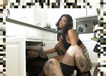 Busty ebony goes naughty on the plumber's huge dong