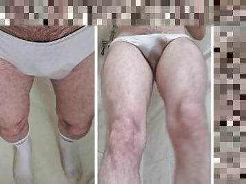 Dual view Pissing in panties and on to dirty white socks