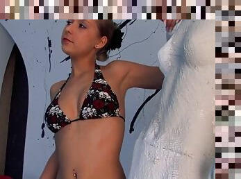 Stunning German beauty gets her pierced boobs sprayed with cum