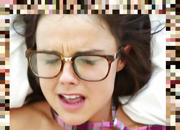 Alluring teen in glasses is sucking so hot
