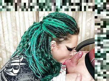 Goth woman with dreadlocks sucks my balls twice in a row with her deep mouth