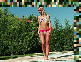 skønheder, blond, pool, solo, bikini, have