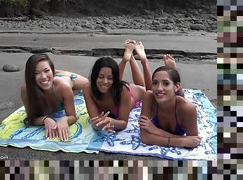 Young wet 18yo brunette Latina babes enjoys threesome orgy outdoors on the beach