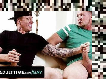 ADULT TIME - Hung Straight Buddies Pierce Paris & JJ Knight Try Gay Sex While Masturbating Together