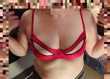 Hotwife teases Collared and Caged Cuck in Sexy Bra!